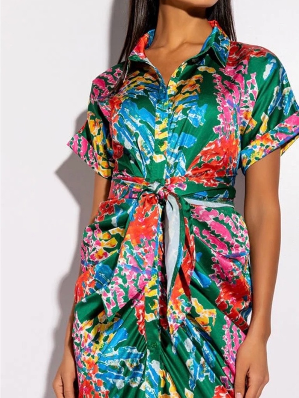 AKIRA Green Multicolor Tie-Waist Mini Shirt Dress - Picture 9 of 10